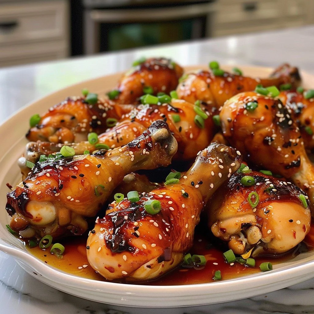 Honey garlic baked chicken drumsticks on a serving plate garnished with herbs