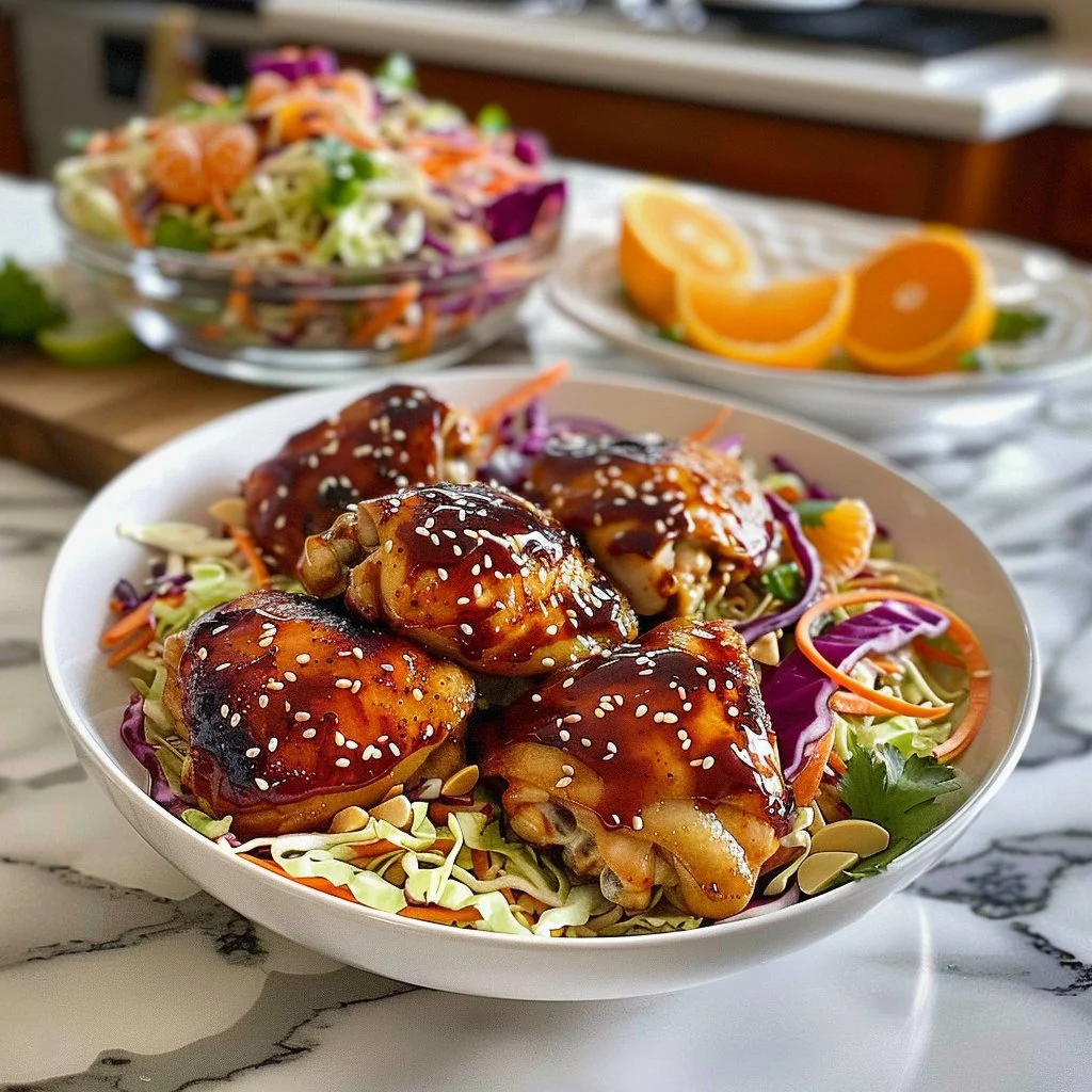 Hot honey BBQ chicken thighs served with a fresh citrus slaw salad.