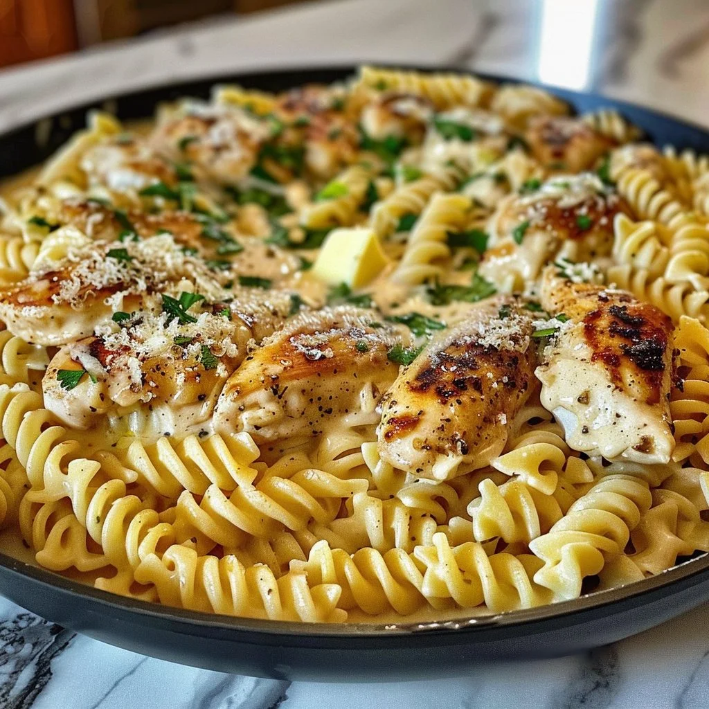 Indulgent creamy garlic parmesan chicken with twisted cheesy pasta