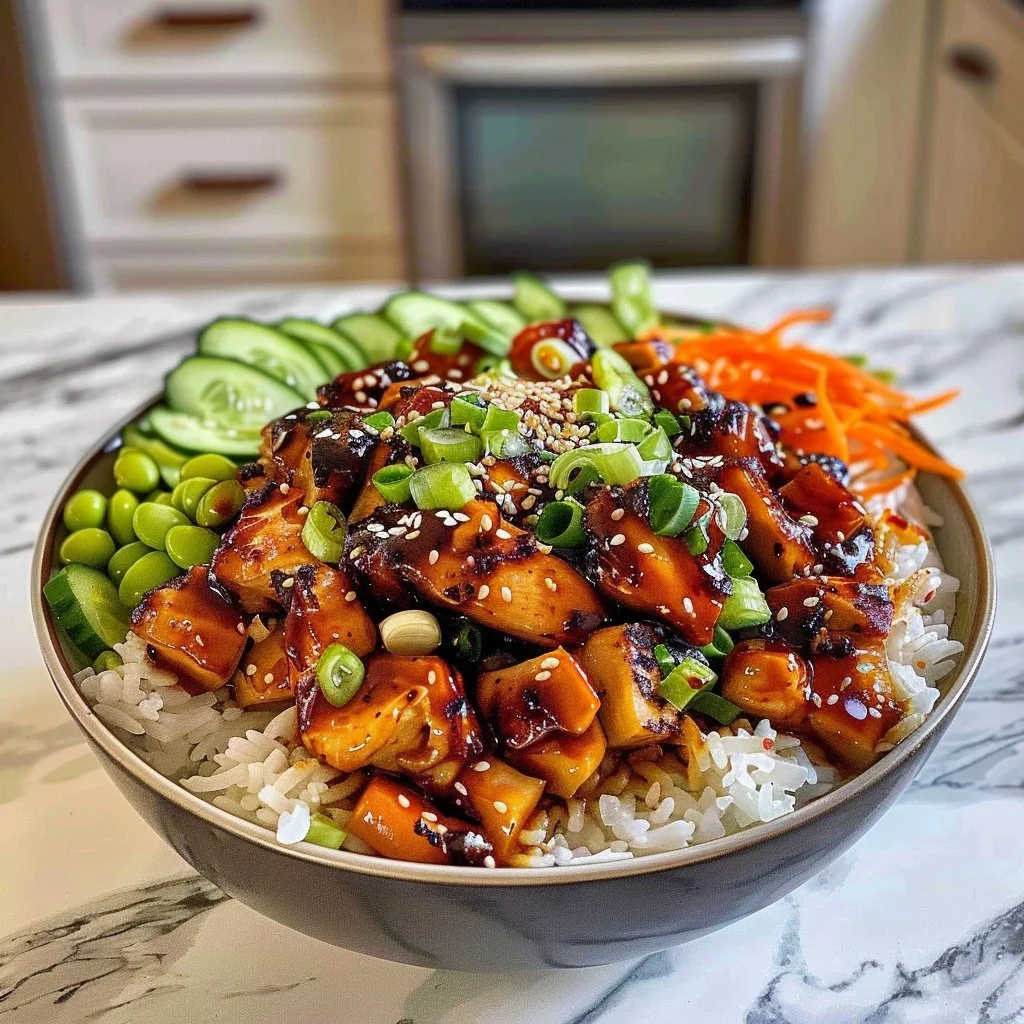 Delicious Korean BBQ Chicken Bowls with chicken, vegetables, and sauces