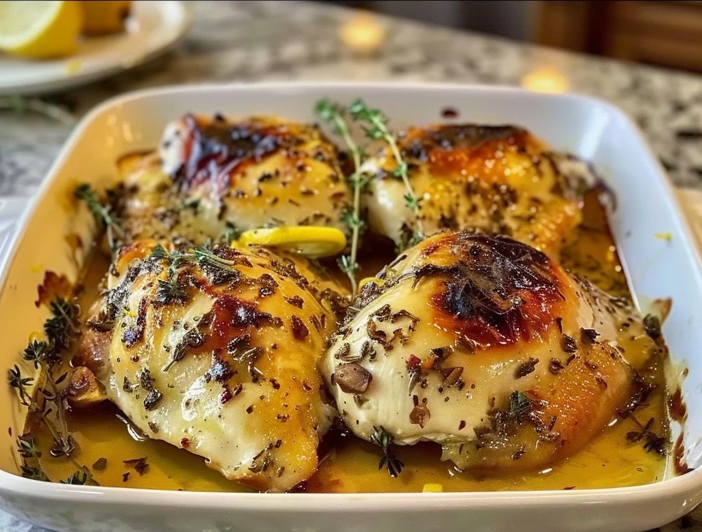 Lemon Herb Baked Chicken garnished with fresh herbs on a white plate