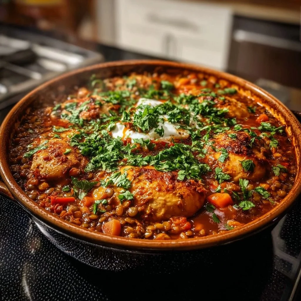 One-Pot Harissa Chicken with Lentils in a savory sauce