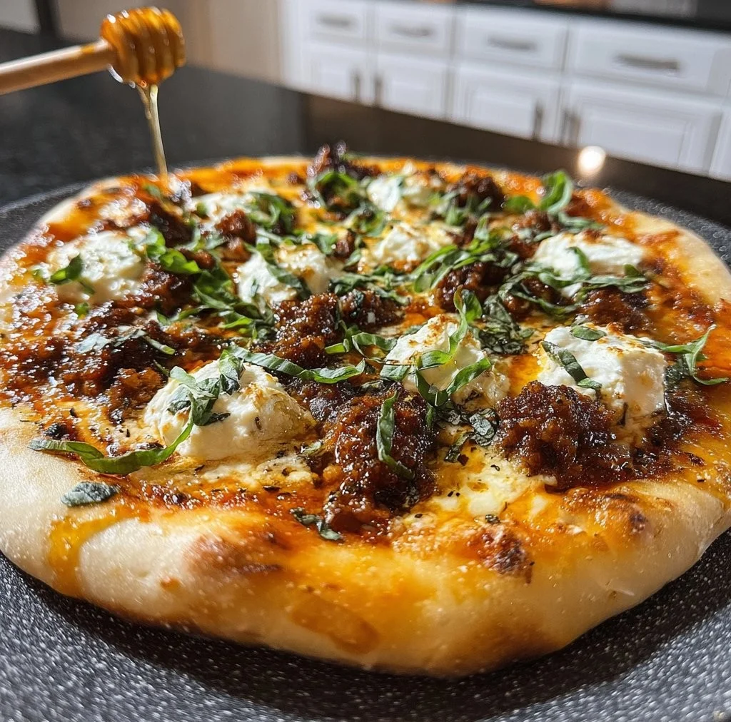 Sausage Ricotta Honey Hot Pizza showcasing a flavorful combination of sausage and honey.