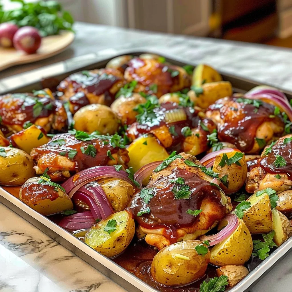 Delicious sheet pan BBQ chicken with potatoes ready to serve.