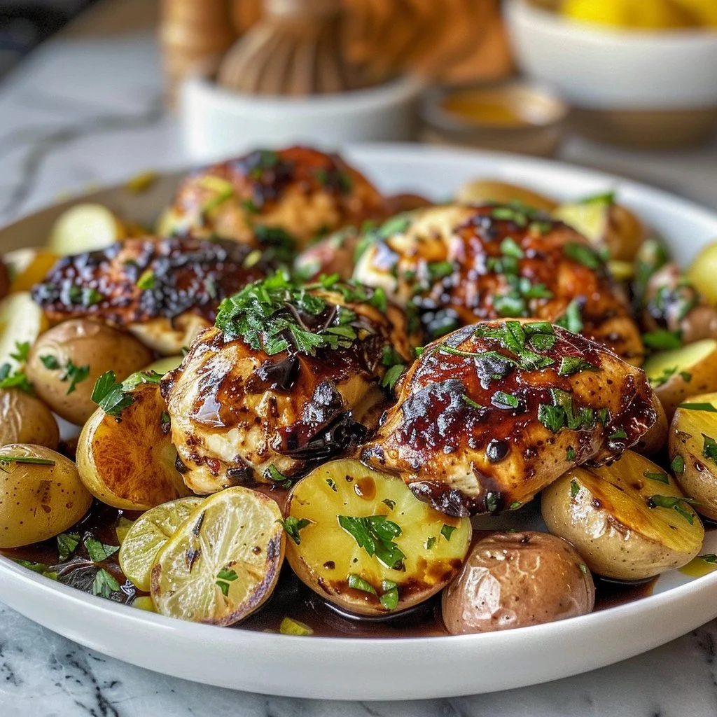 Sheet Pan Lemon Balsamic Chicken with Potatoes ready to serve