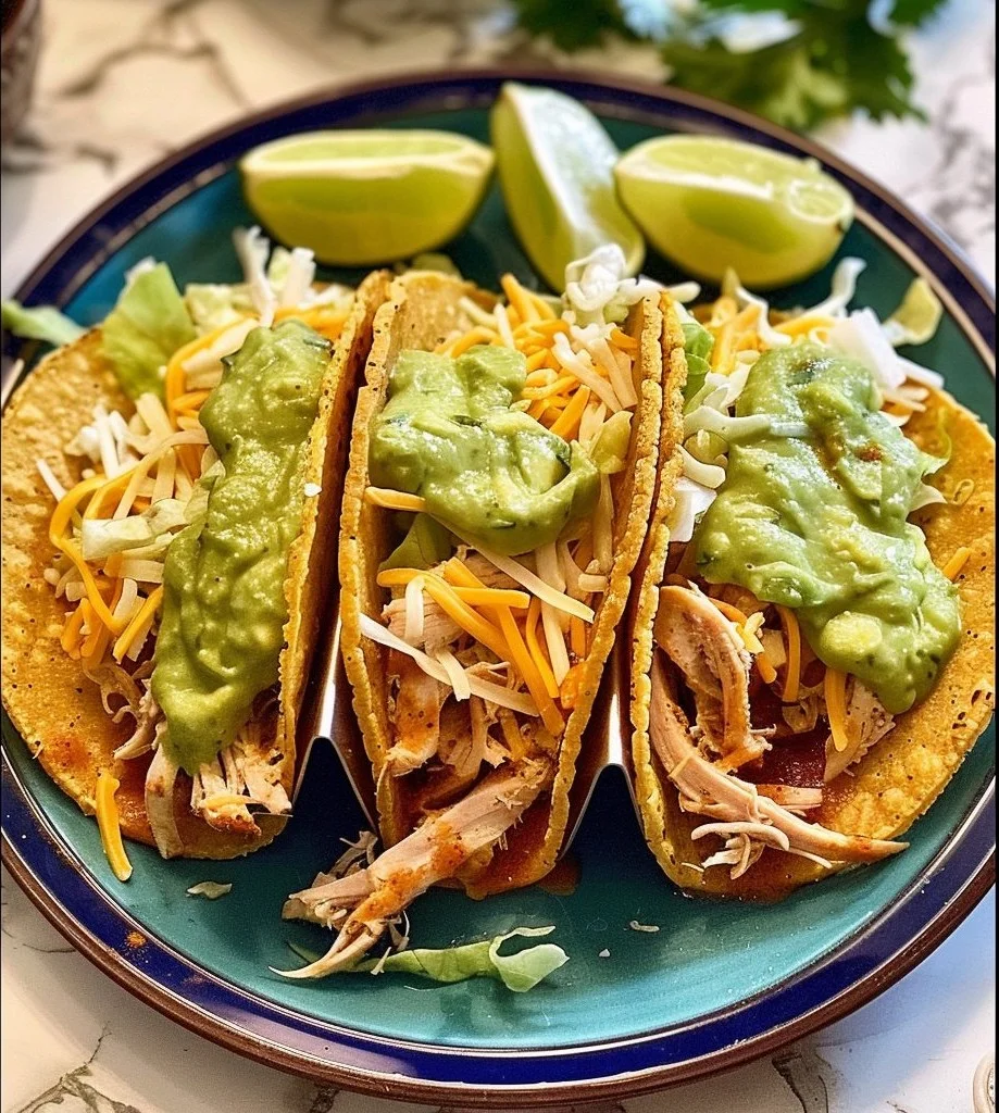 Plate of shredded chicken tacos topped with fresh ingredients