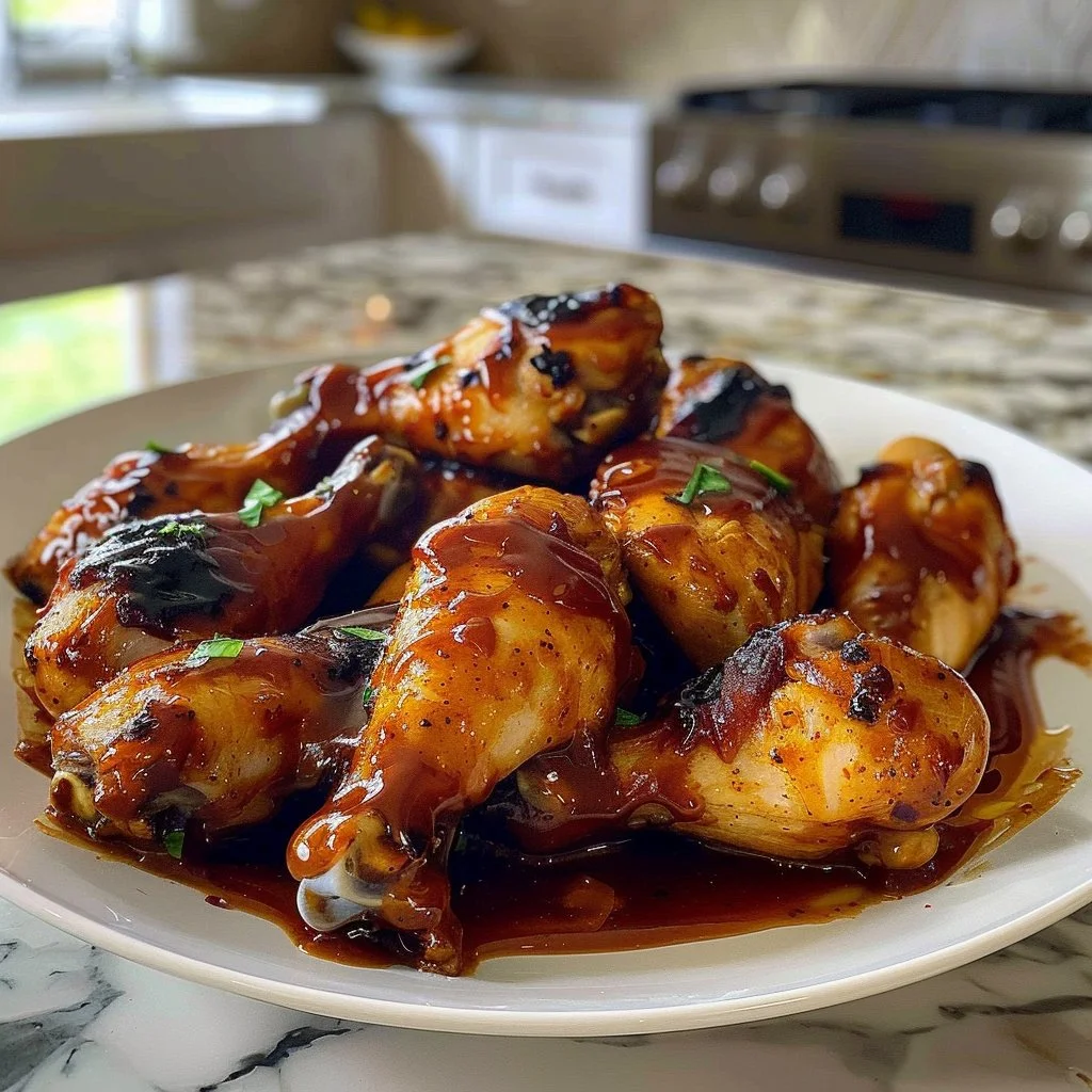 Slow cooker honey BBQ chicken drumsticks glistening with sauce on a platter.