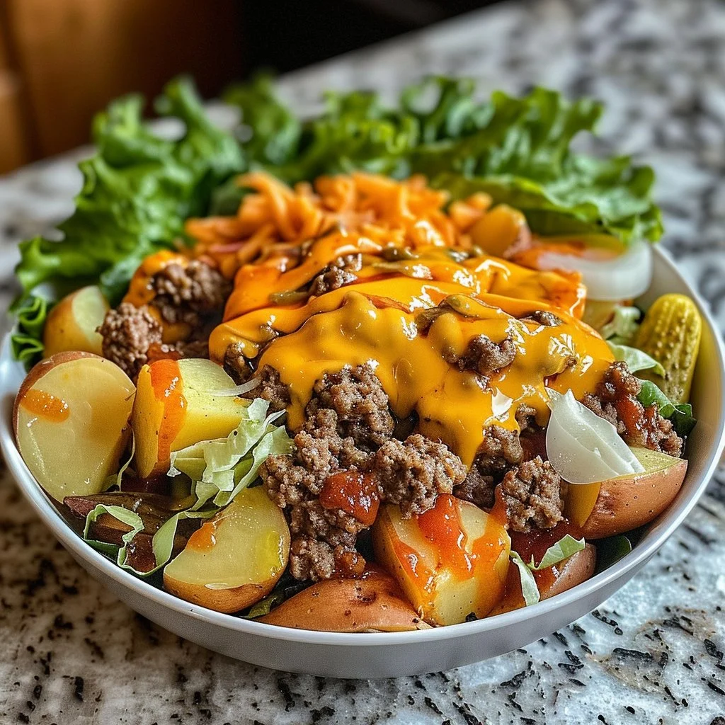 Smash Burger Bowl with toppings and fresh ingredients