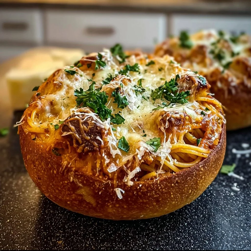 Spaghetti garlic bread bowls filled with pasta and topped with herbs.