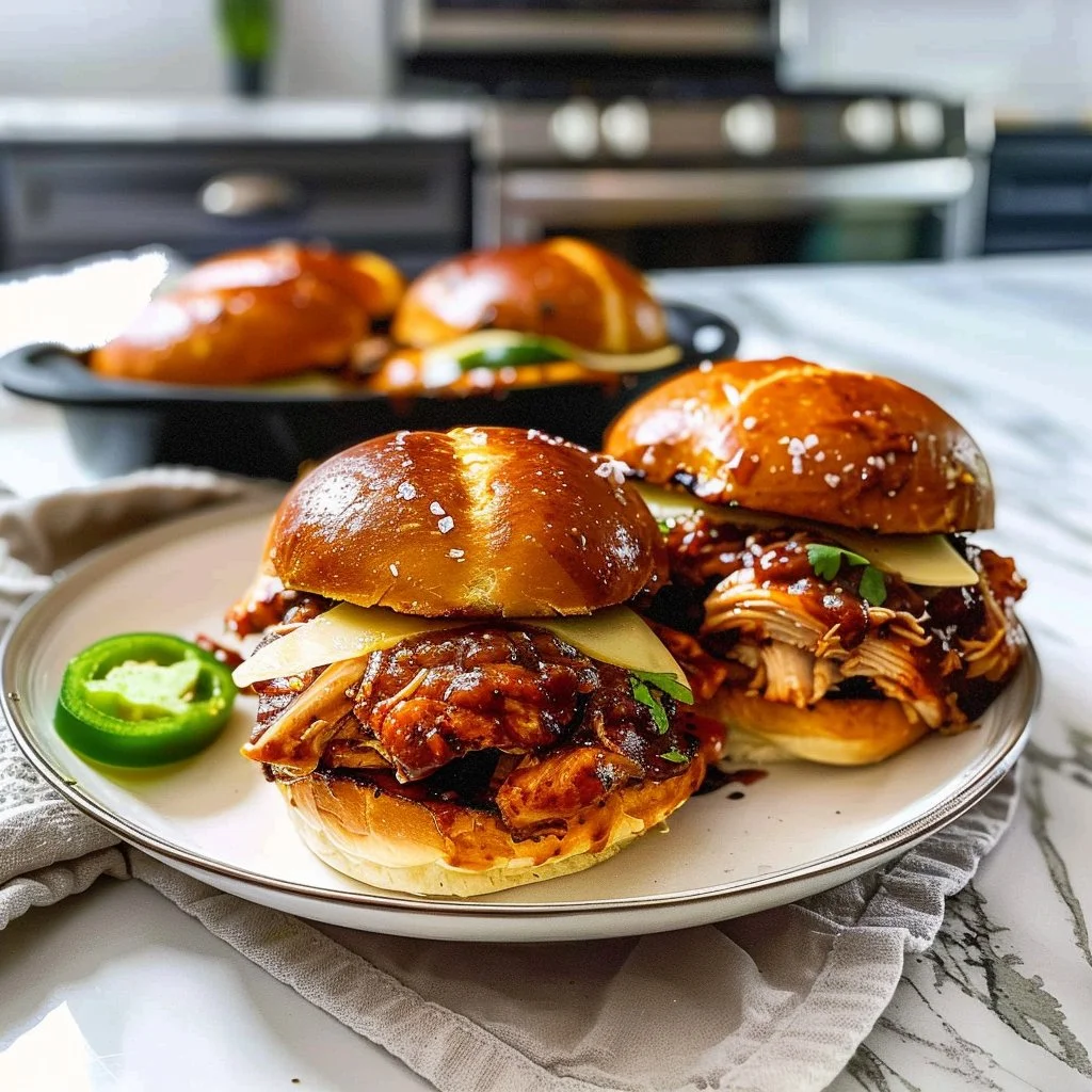 Spicy Slow Cooker BBQ Chicken Sandwich 2 Spicy slow cooker BBQ chicken sandwich on a wooden platter with fresh ingredients.