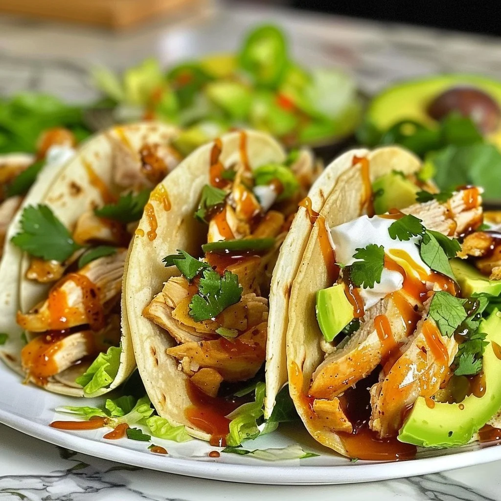 Sriracha Chicken Tacos 1 Sriracha Chicken Tacos garnished with fresh cilantro and lime