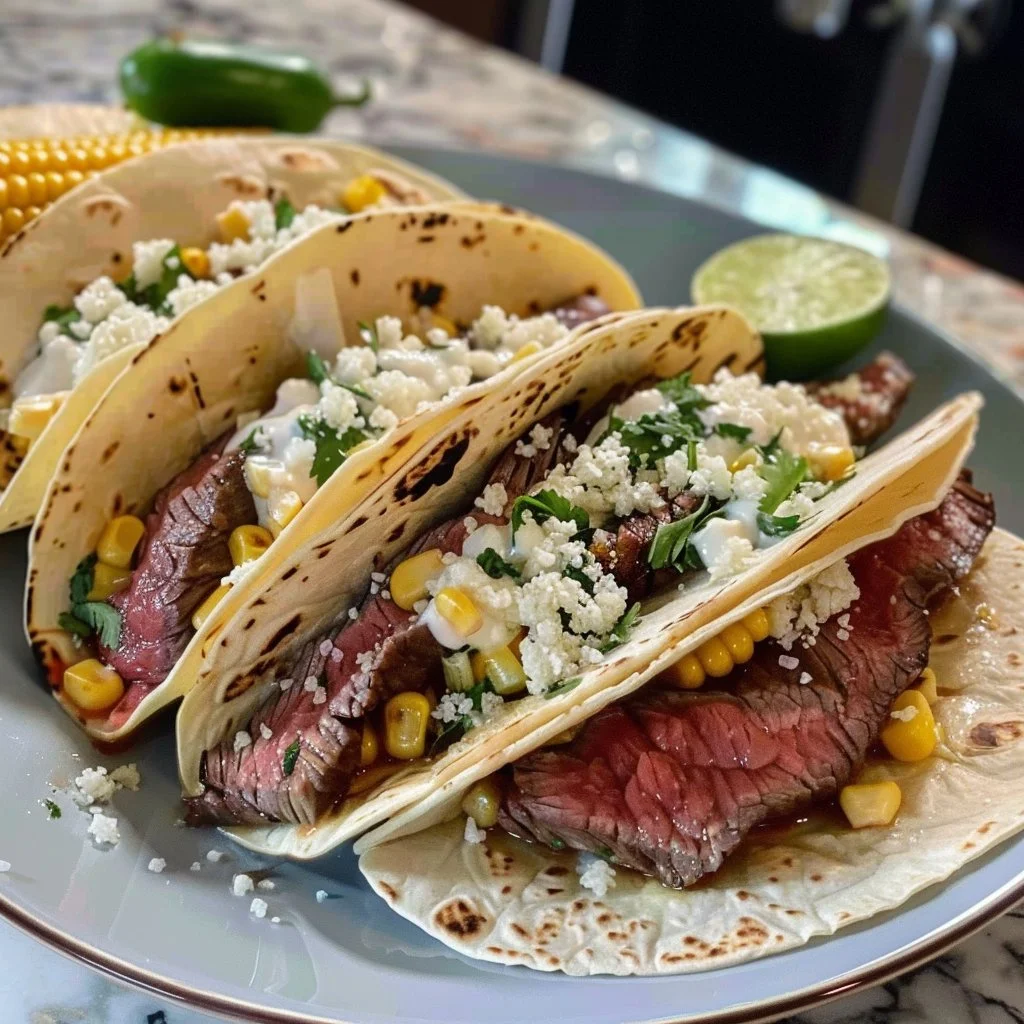 Delicious Steak Elote Tacos topped with fresh ingredients and spices