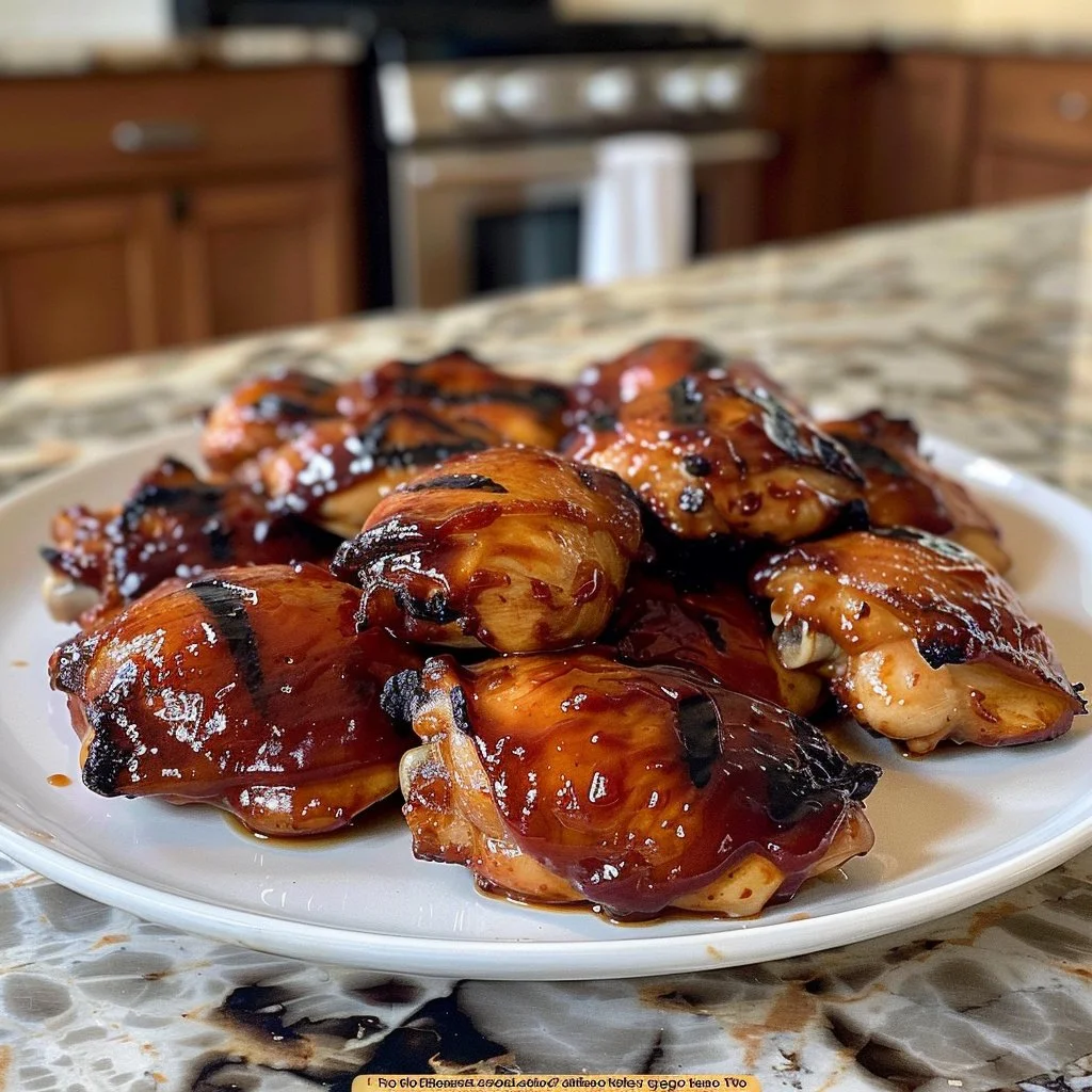Delicious sticky grilled chicken served on a plate with garnishes