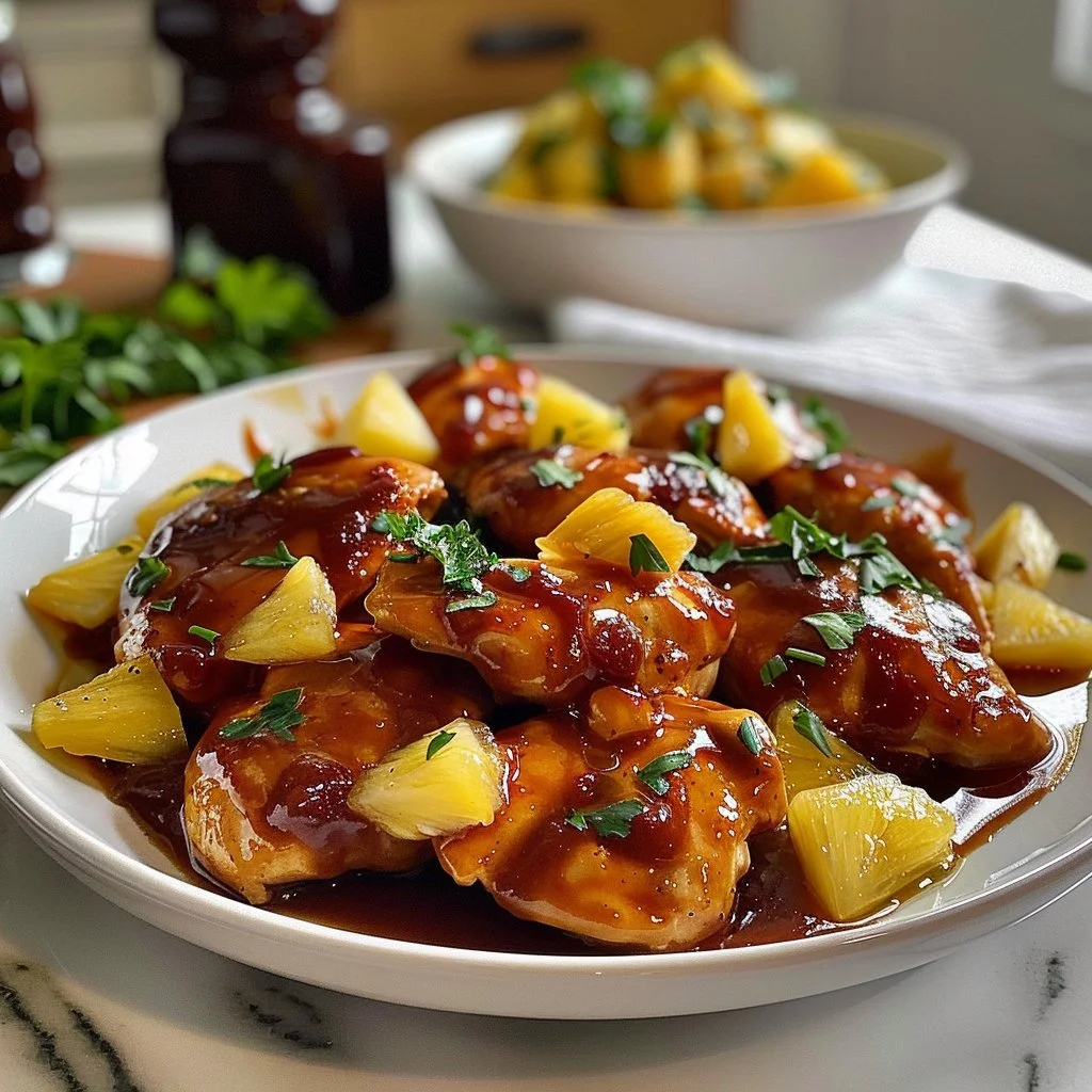 Delicious sticky pineapple BBQ chicken served on a platter.