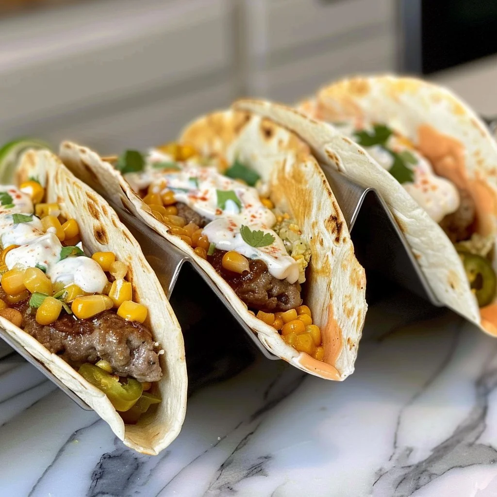 Delicious Street Corn Smash Burger Tacos packed with flavor and toppings.
