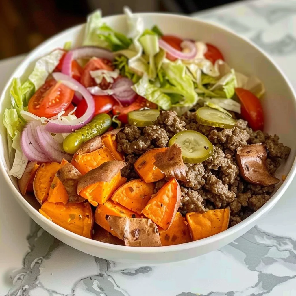 Delicious Sweet Potato Burger Bowl topped with fresh vegetables