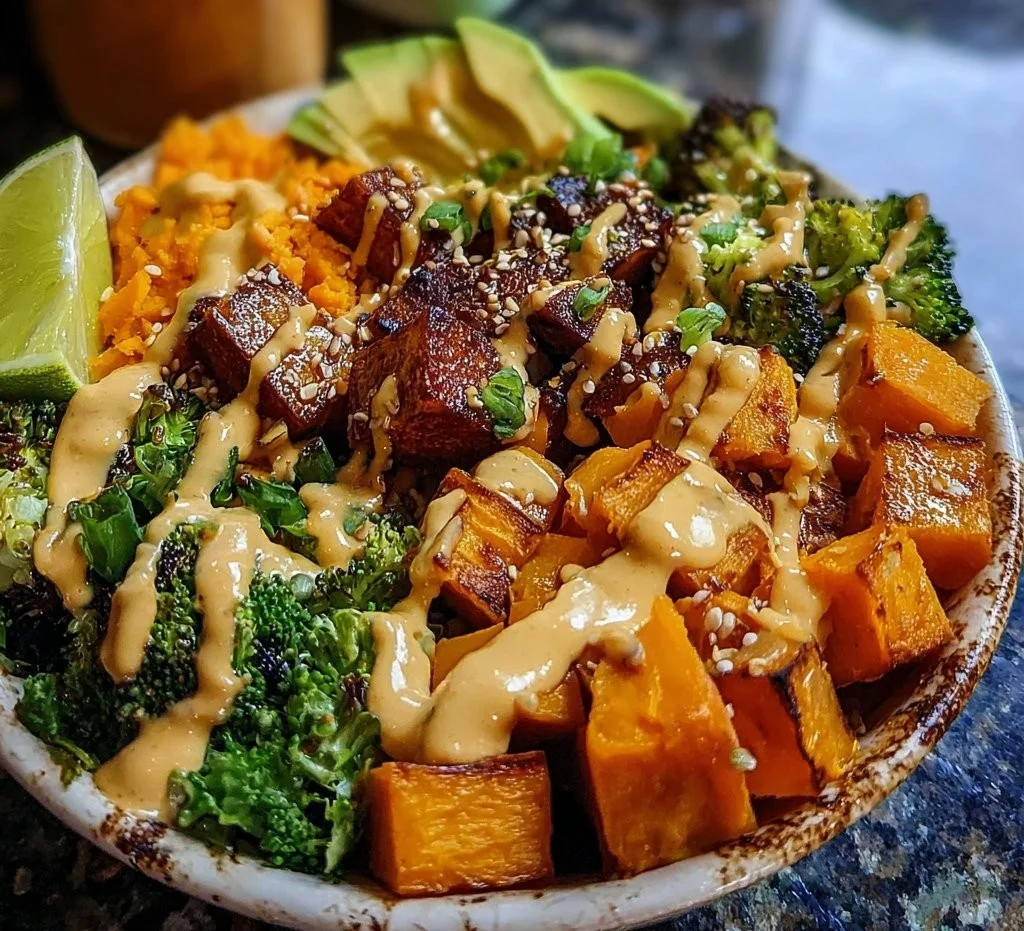 Bowl of Thai Peanut Sweet Potato Buddha Bowl topped with fresh vegetables and sauce.