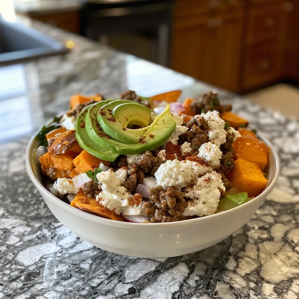 Viral hot honey ground beef bowl, a high protein and high fiber meal prep option.
